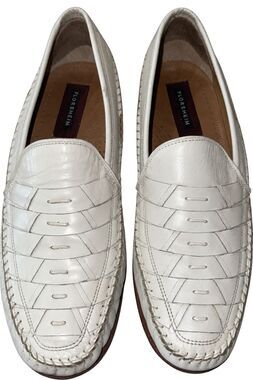 Florsheim Woven Leather Penny Loafers Cream Slip On Moc Toe Dress Shoes Men 10 D